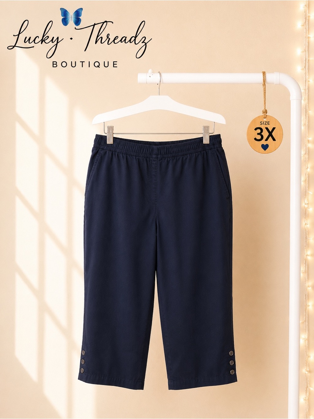 NWT Croft & Barrow Navy Blue Stretch Elastic Waist Button Hem Capris 3X